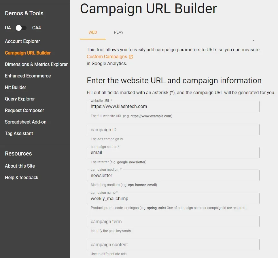 Web Design & Development Company - Klashtech Digital Agency Google Analytics Campaign URL Builder